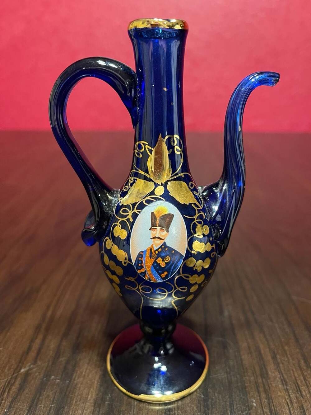 Cristal T. Murano Cobalt Blue Glass Ewer with Gold Decoration and Portrait